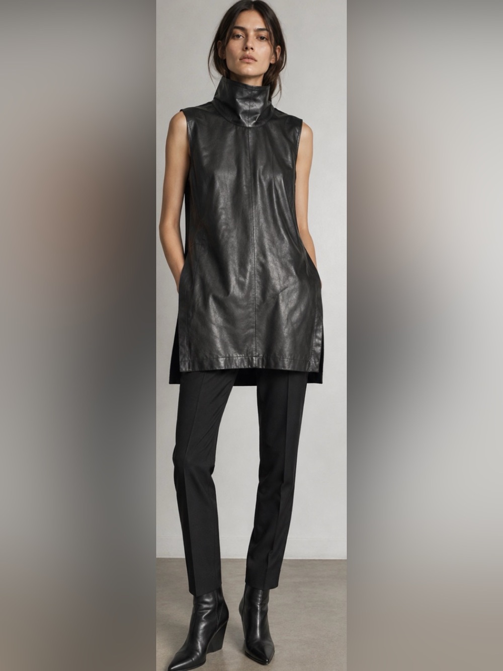 Helmut Lang Black Cow Leather Wool Mock Neck Sleeveless Tunic Top SW-TP0732